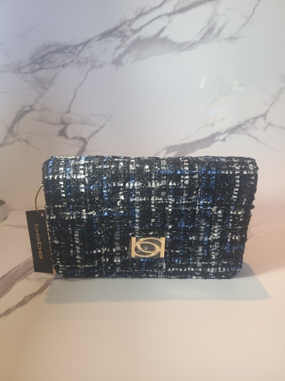 bebe Blue & White Tweed Clutch with Gold Accent